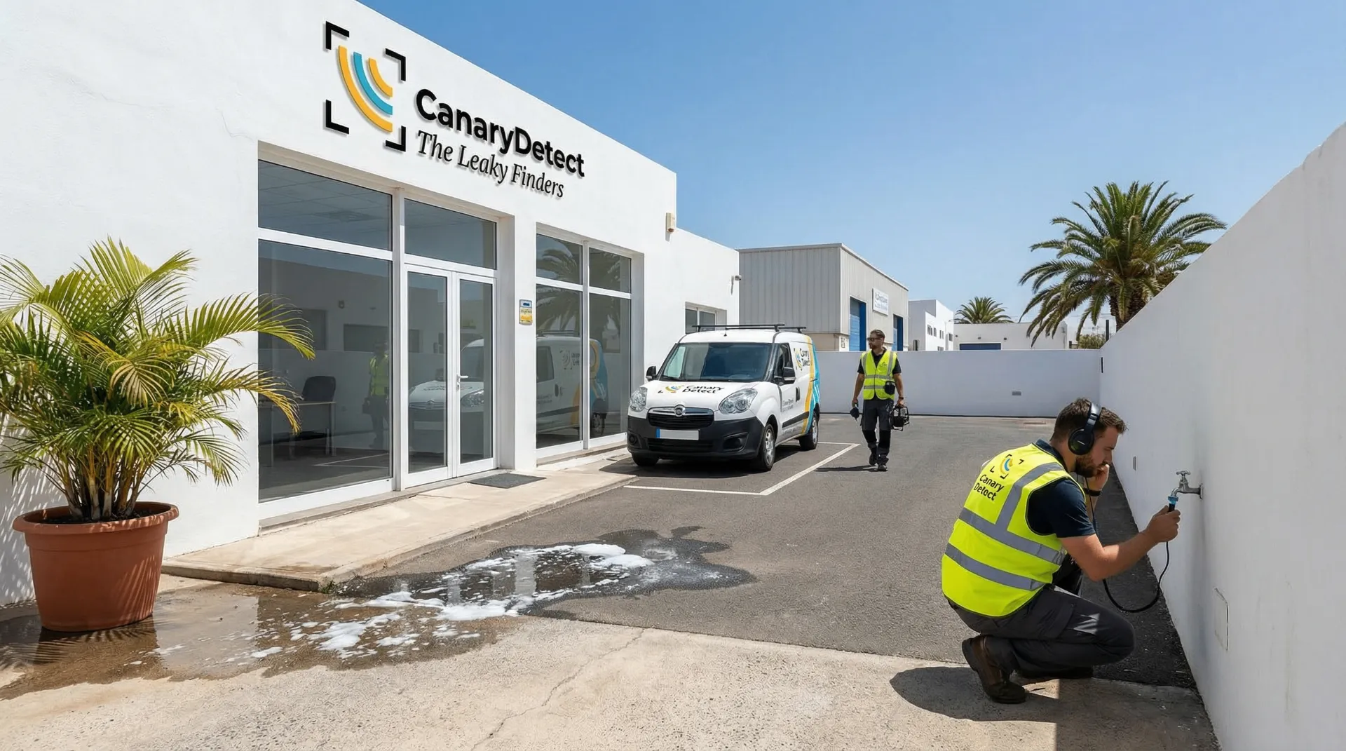 Canary Detect - The Leaky Finders headquarters with technicians and van in Lanzarote