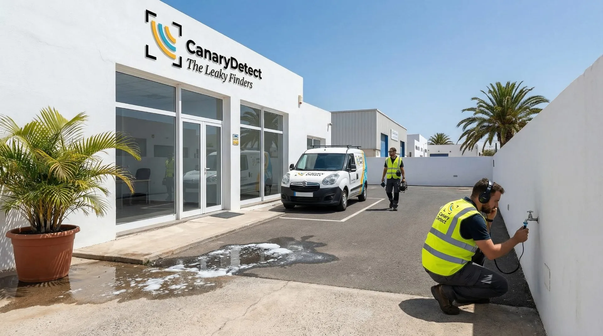 Canary Detect - The Leaky Finders headquarters with technicians and van in Lanzarote