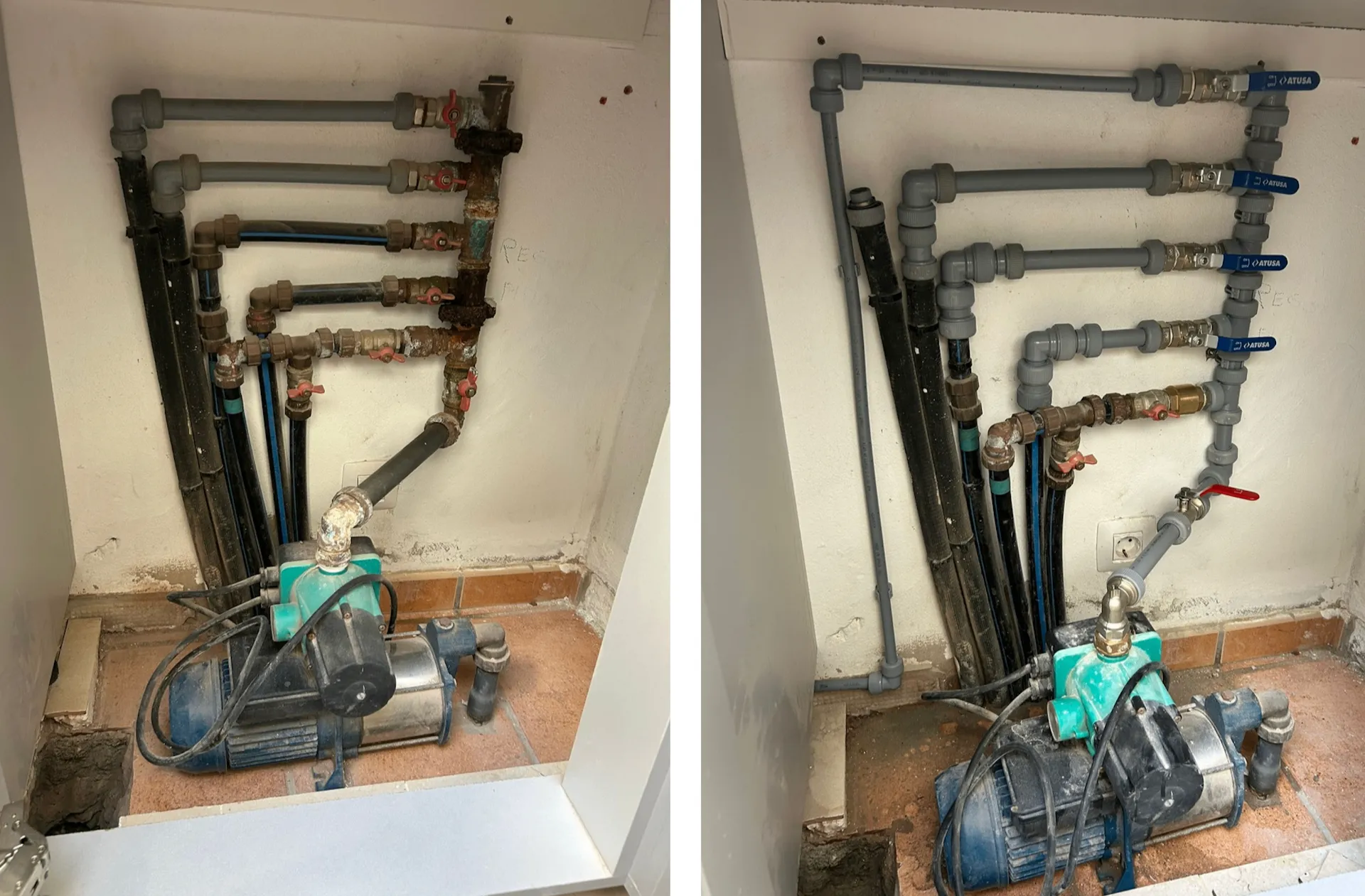 ANTES: Válvulas corroídas, accesorios oxidados y conexiones que gotean. DESPUÉS: Válvulas de bola de latón de calidad, nuevos racores de compresión y un sistema que funciona como nuevo.